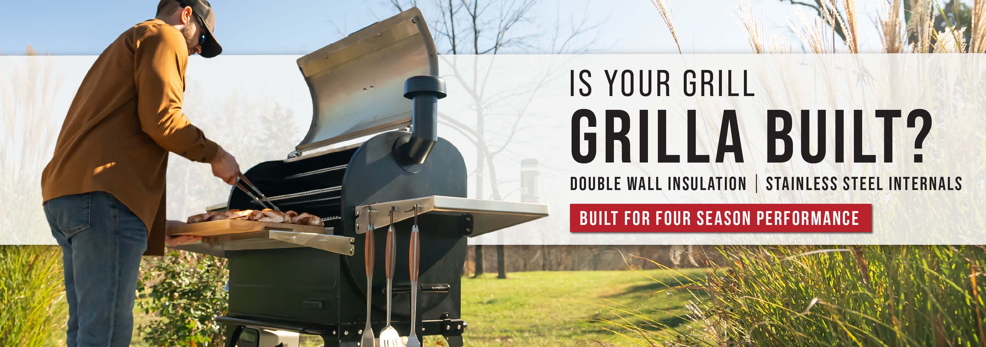 Is Your Grilla Grilla Built? A man grilling pork on the Silverbac 2.0 XL Wood Pellet Smoker against a green background with blue sky.